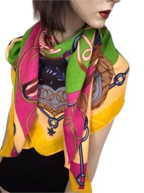 Vintage 50” Square Viscose Colorful Wrap Shawl Cliquetés Equestrian Scarf
